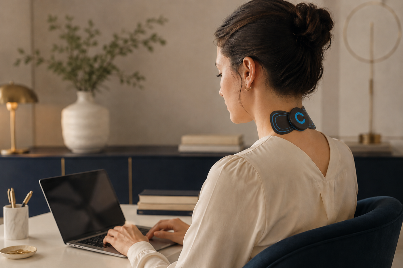 Woman working at desk, wearing Zenovea One discreetly under her collar